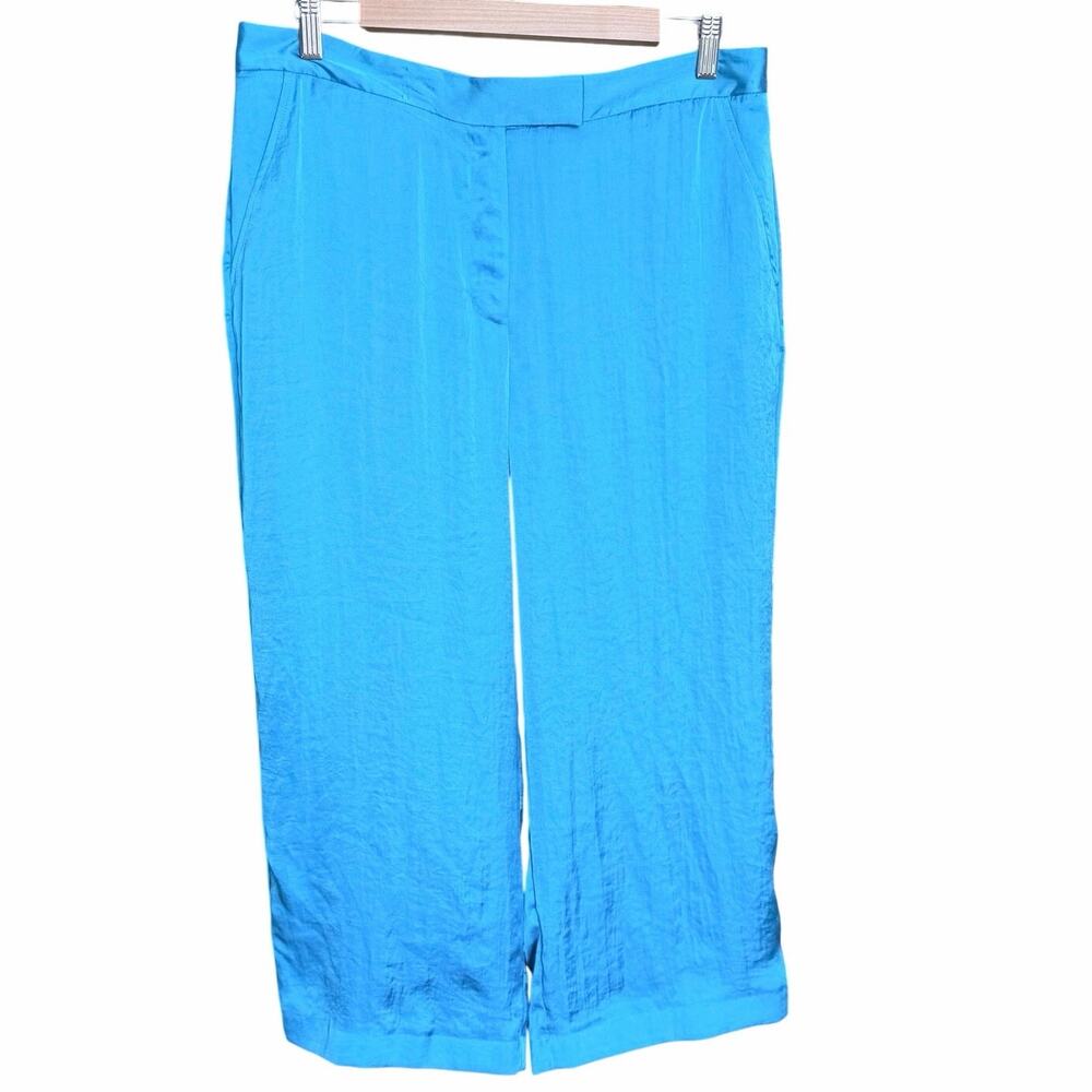 DKNY turquoise ocean blue satin wide leg cropped pants 10 classy career coastal